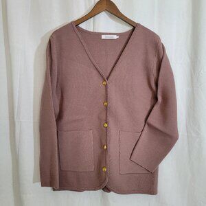 Anrabess Women's Mauve Knit Cardigan Gold Button V-Neck Sweater Pockets Large